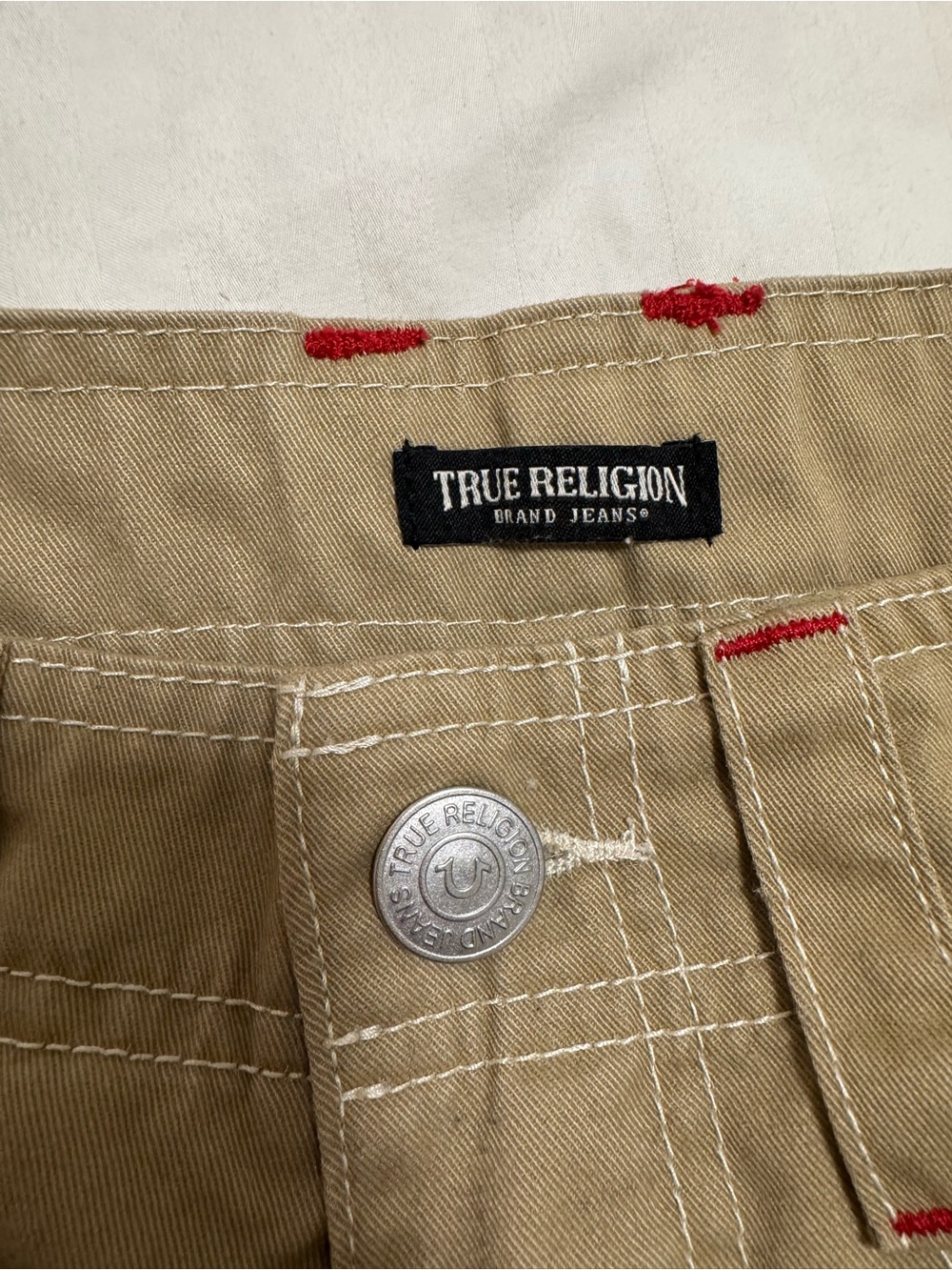 True Religion Tan Pocket Cargo Jeans with Red Accent Stitching